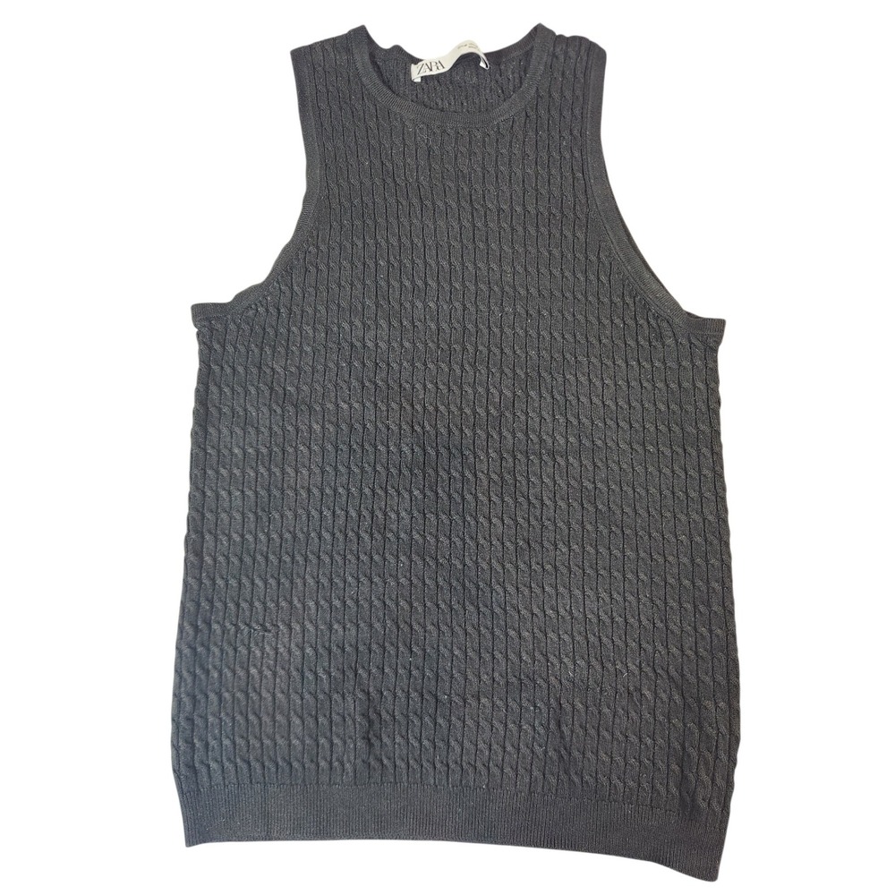 Zara Cable Knit Tank Top Womens Medium Black Sleeveless Crew Neck Sweater Vest